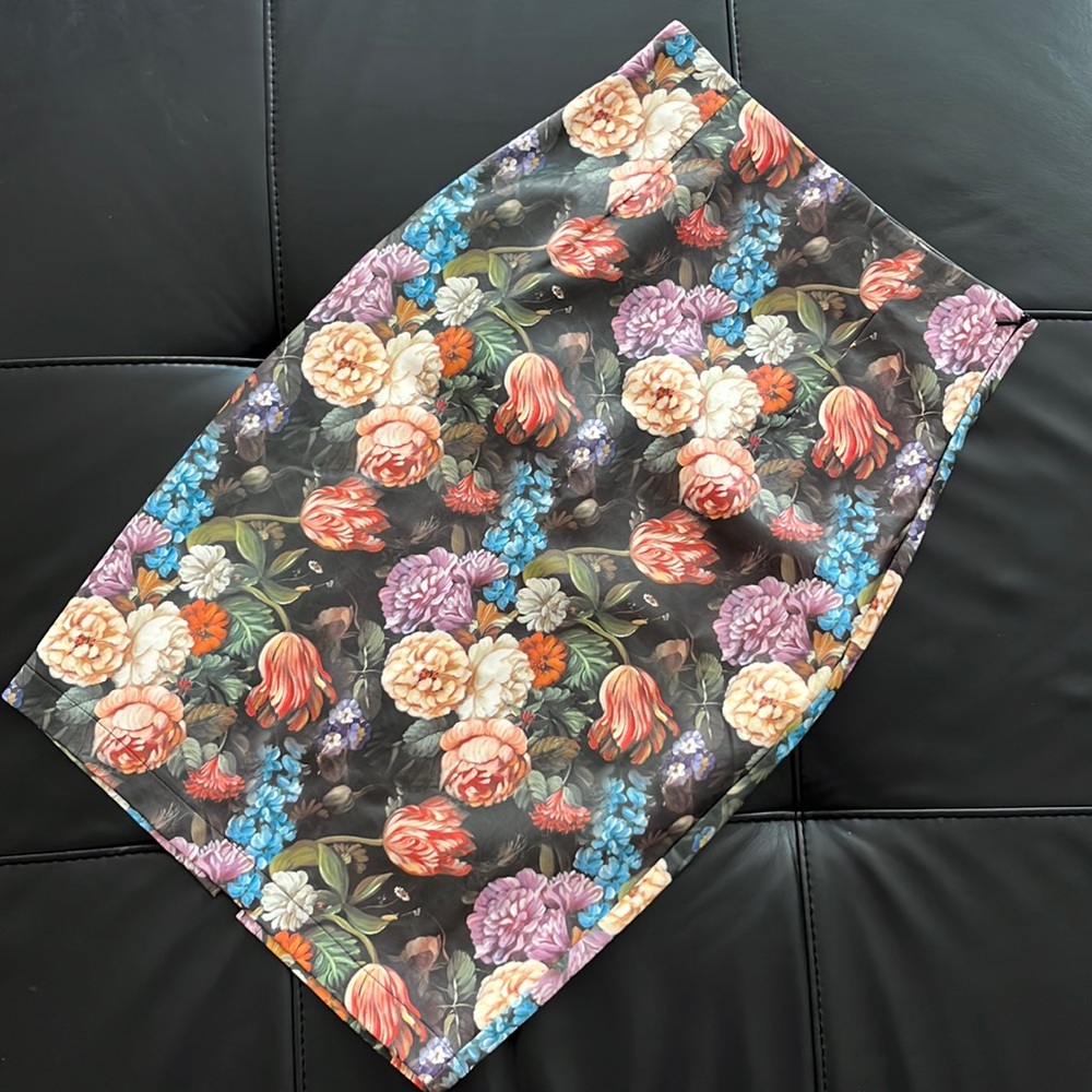 Jealous Tomato Vegan “Leather” Pencil Skirt Floral Oil Painting
